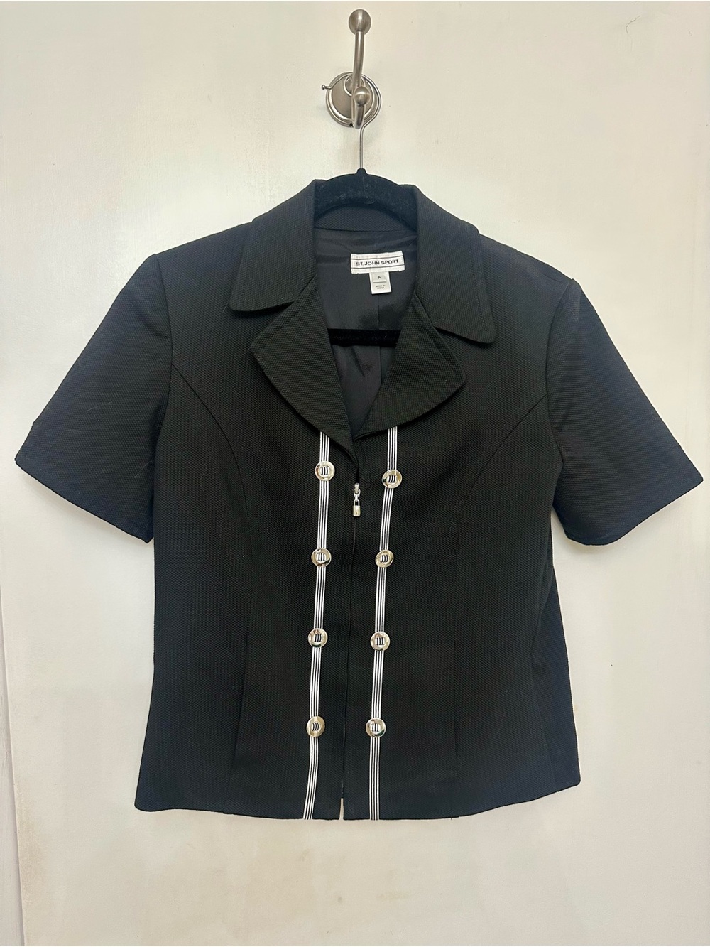 St. John Sport Black Short-Sleeve Zip Jacket with Striped Trim and Gold Buttons